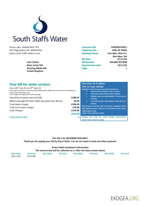 United Kingdom South Staffs Water water  utility bill Word and PDF formats, version 2